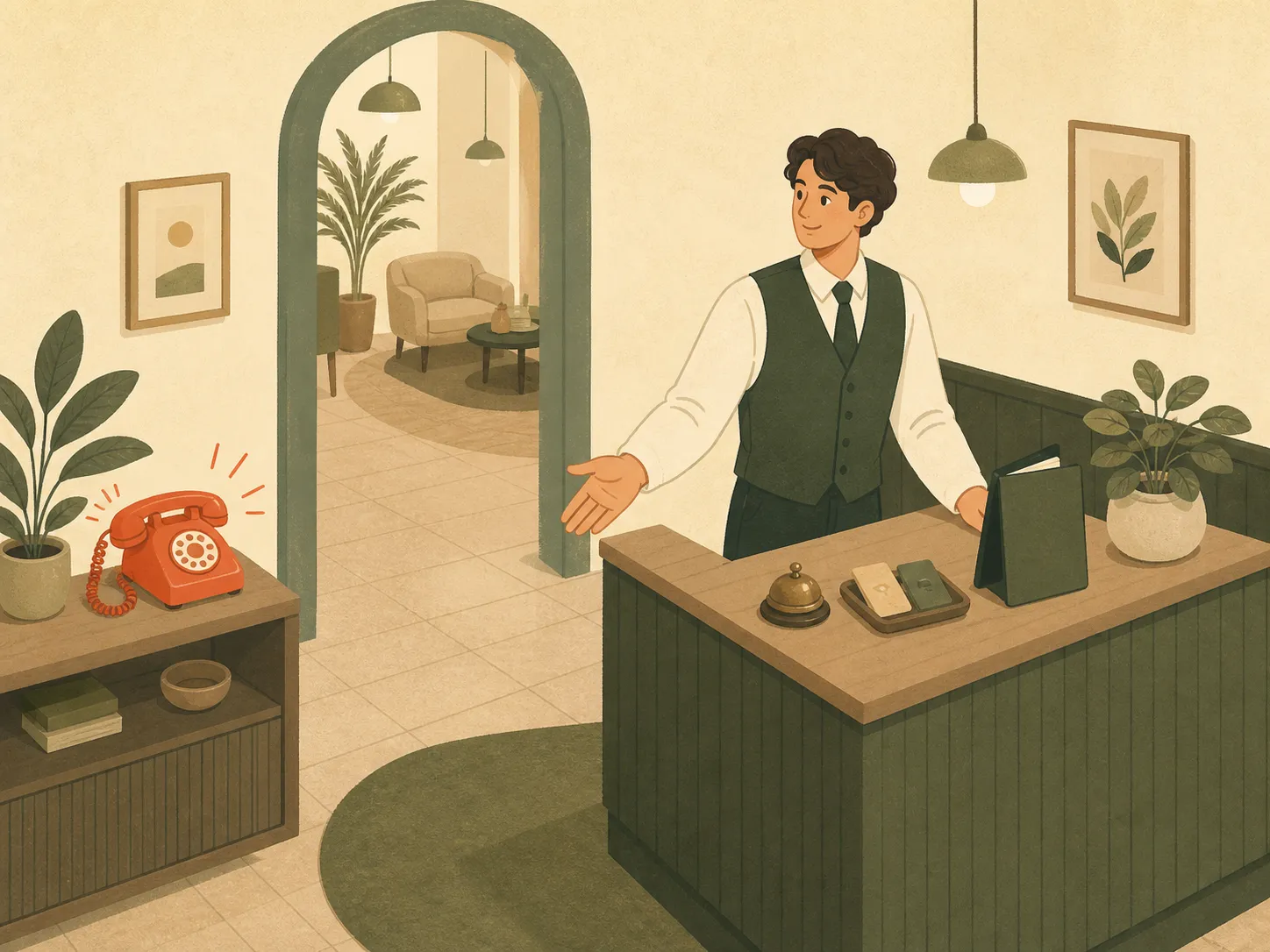 Receptionist d'hotel che accoglie un ospite mentre il telefono squilla